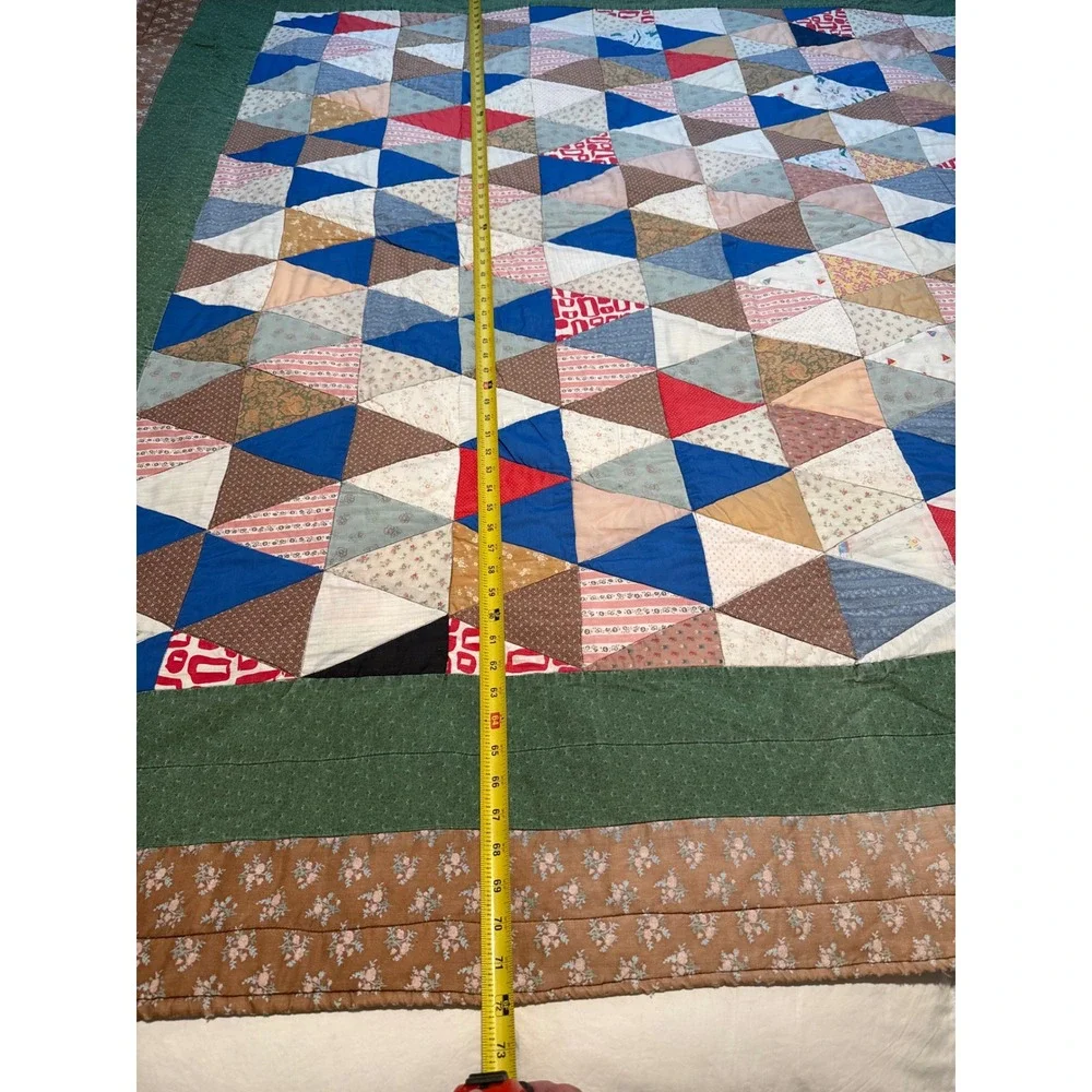 Antique Handmade Reversible Triangle Patchwork Quilt Cotton Geometric 74x72